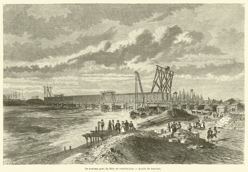 The New Rhine Bridge Under Construction (engraving) by French School