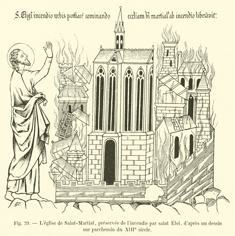 The Church of Saint-Martial, Saved from the Fire by Saint Eloi, after a Drawing on Parchment from the 13th Century by French School