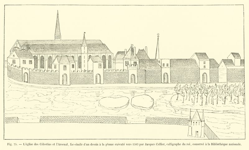 Church of the Celestins and the Arsenal, facsimile of a pen drawing made around 1583 by Jacques Cellier, calligrapher of the king, kept at the National Library by French School