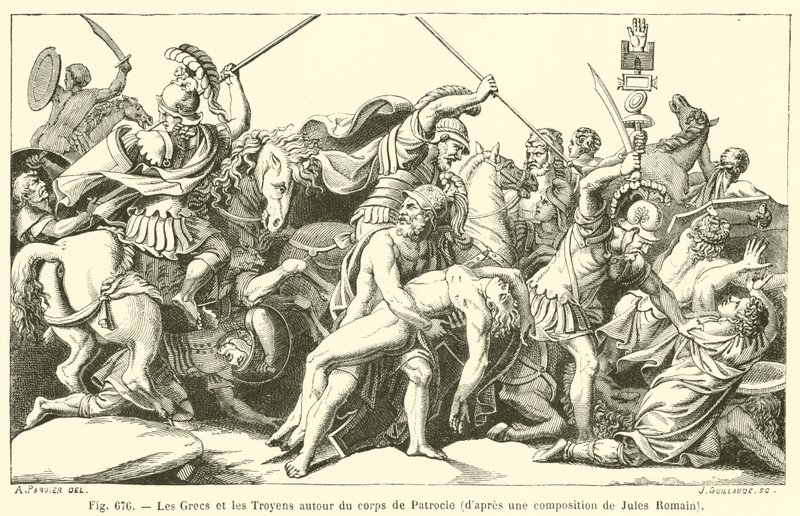 The Greeks and the Trojans around the Body of Patroclus (engraving) by French School