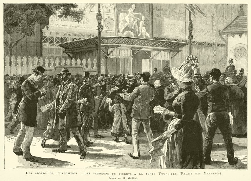 The Surroundings of the Exhibition, Ticket Sellers at the Tourville Gate, Palace of Machines, Drawing by M Guilliod by French School