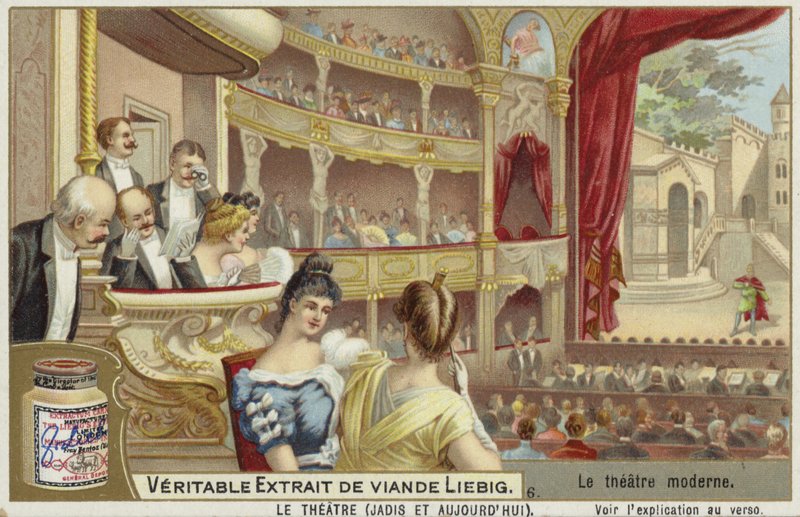Liebig card featuring a modern theatre by French School