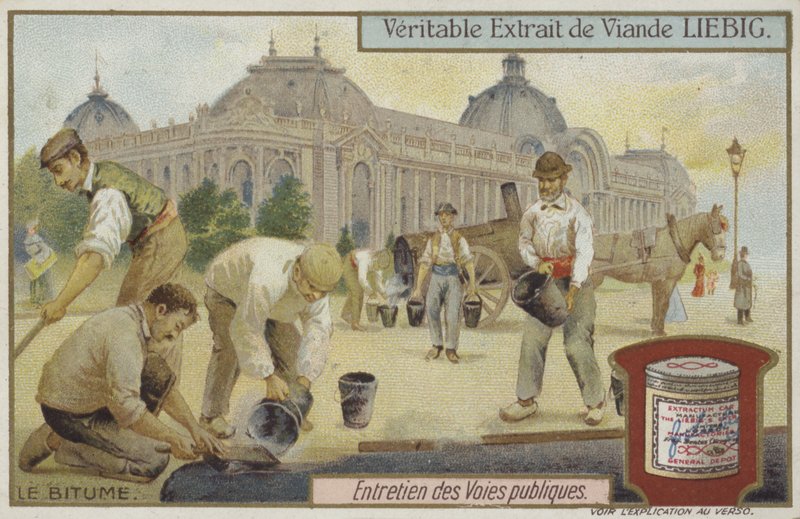 Liebig card featuring road maintenance by French School