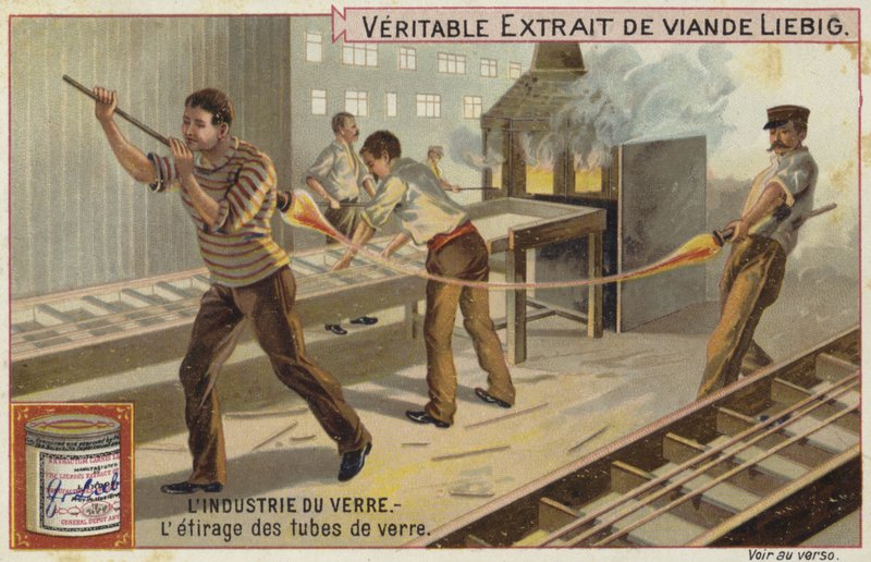 Liebig card featuring the glass industry by French School