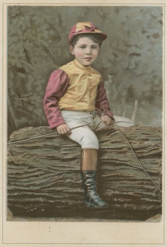 Little Boy in Jockey Clothing Sitting on a Log by French School