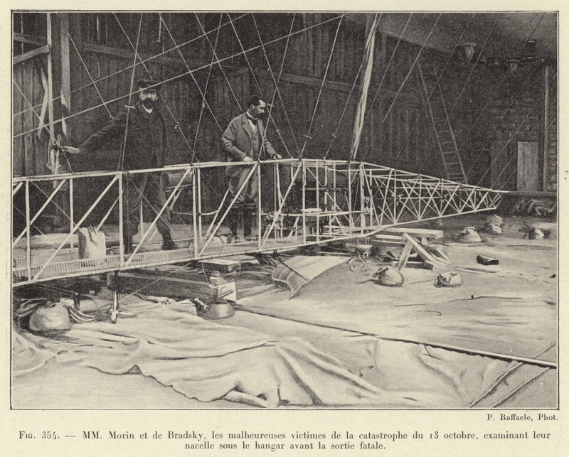 Morin and de Bradsky, the unfortunate victims of the October 13 catastrophe, examining their gondola in the hangar before the fatal outing (engraving) by French School