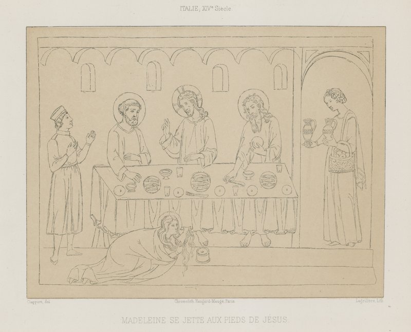 Madeleine throws herself at the feet of Jesus by French School