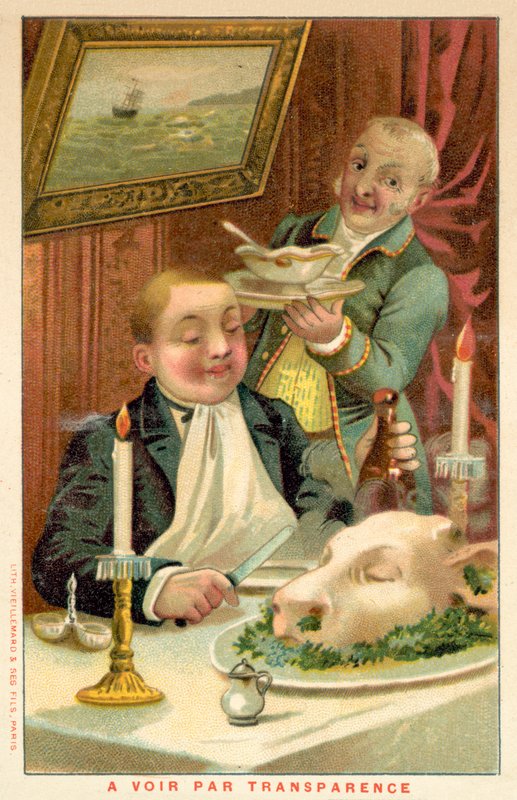 Man eating dinner by French School