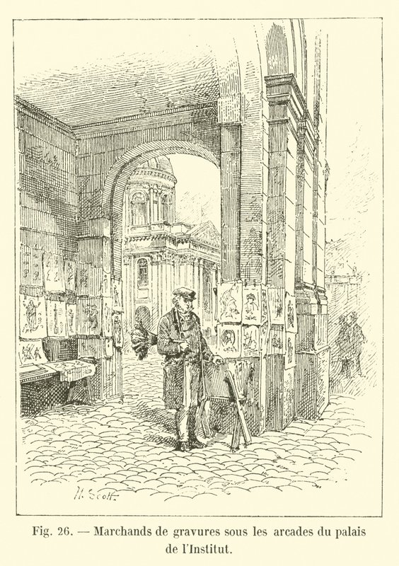 Print sellers under the arcades of the Institute Palace by French School