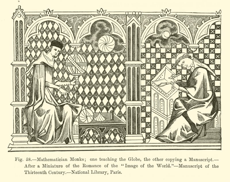 Mathematician Monks; one teaching the Globe, the other is copying a Manuscript by French School