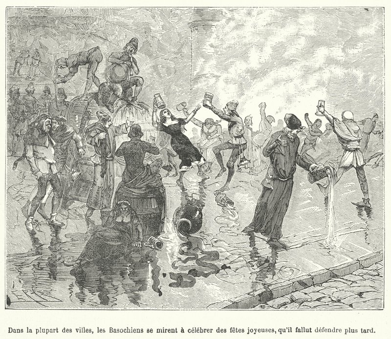 Members of the Basaoche, a guild of law clerks, celebrating a festival on the streets of a medieval French town by French School