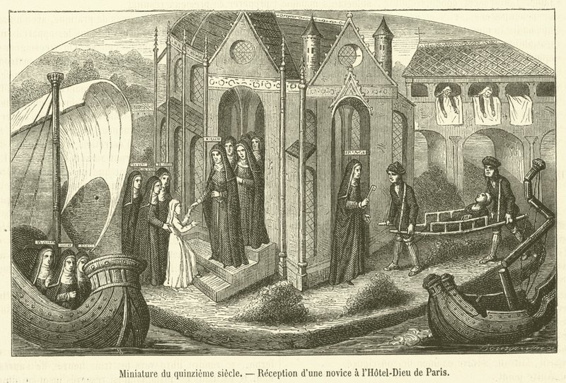 15th Century Miniature, Reception of a Novice at the Hotel-Dieu of Paris (engraving) by French School