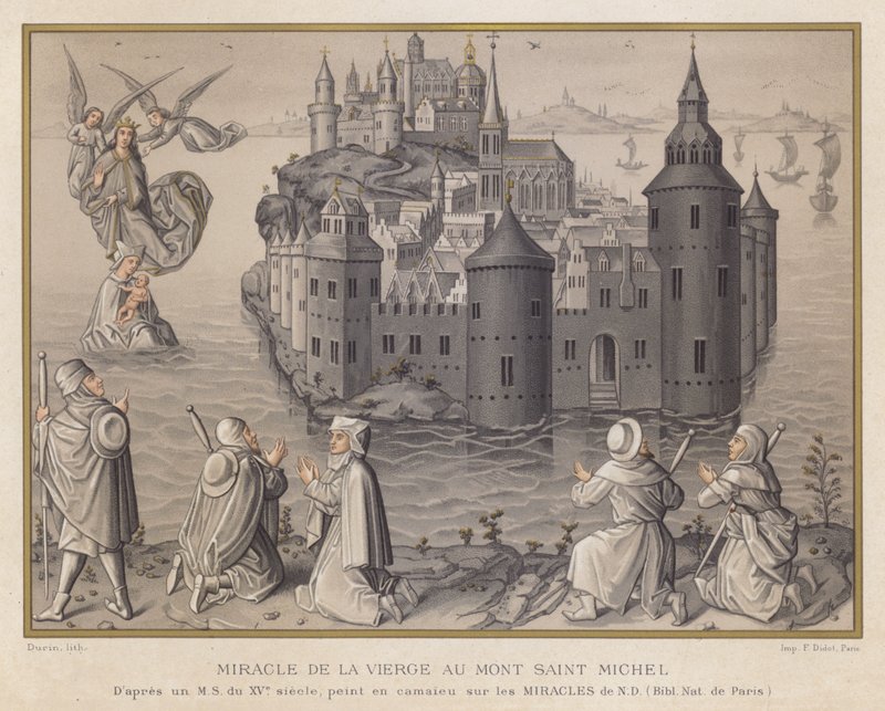 Miracle of the Virgin at Mont Saint Michel, from a 15th-century manuscript, painted in camaieu on the Miracles of Our Lady, National Library of Paris by French School