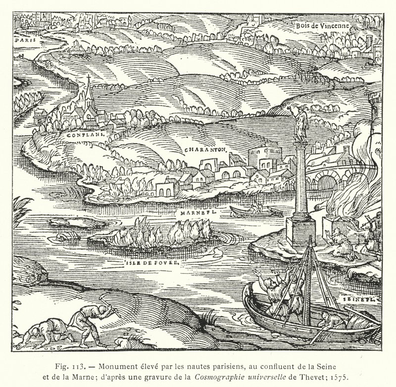 Monument erected by the Parisian boatmen, at the confluence of the Seine and the Marne; after an engraving from Thevet