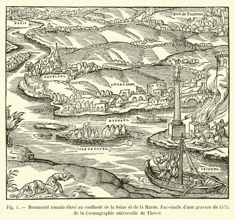 Roman monument erected at the confluence of the Seine and the Marne, facsimile of an engraving from 1575, from Thevet