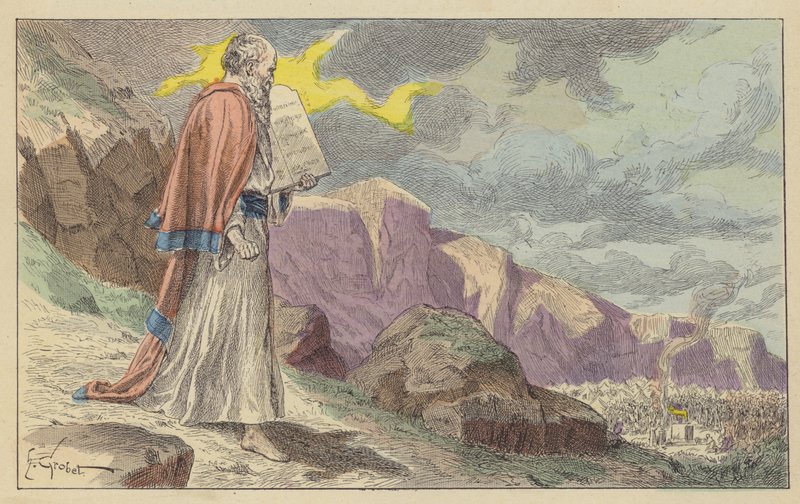 Moses returning from Mount Sinai with The Ten Commandments by French School