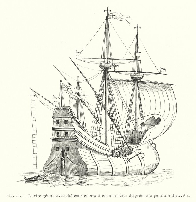 Genoese Ship with Castles Fore and Aft; After a 16th Century Painting (engraving) by French School