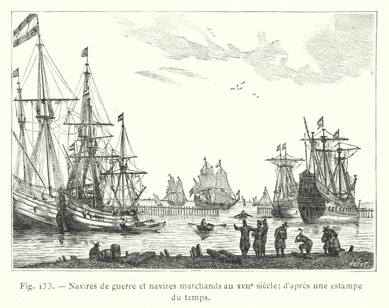 Warships and Merchant Ships in the 17th Century; after a Print of the Time by French School