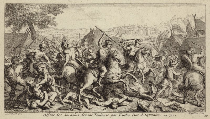 Odo, Duke of Aquitaine, defeating the Umayyads at the Battle of Toulouse, 721 (engraving) by French School