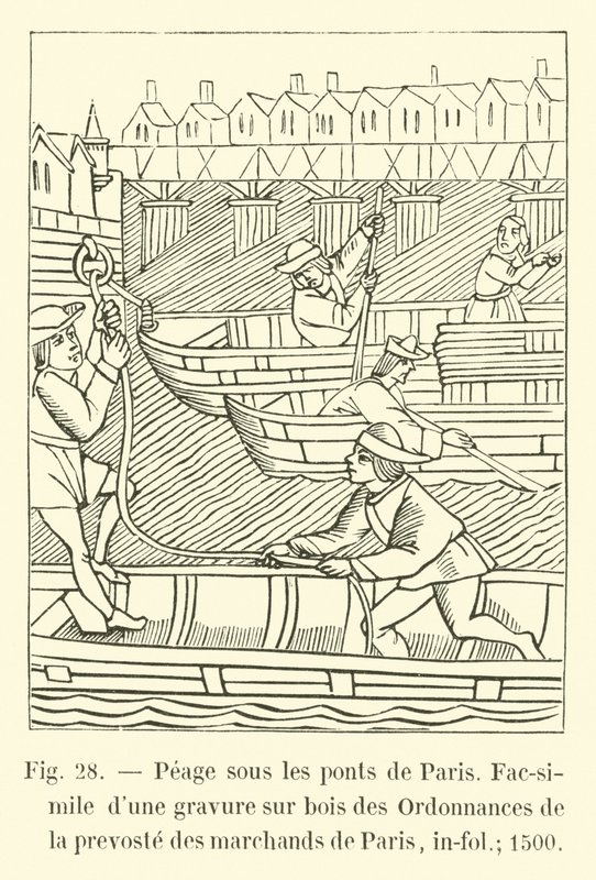 Toll under the bridges of Paris, Facsimile of a wood engraving from the Ordinances of the Provost of the Merchants of Paris, in-fol; 1500 by French School