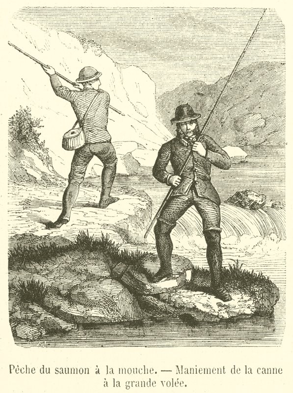 Salmon Fishing with a Fly, Handling the Rod with a Great Cast (engraving) by French School