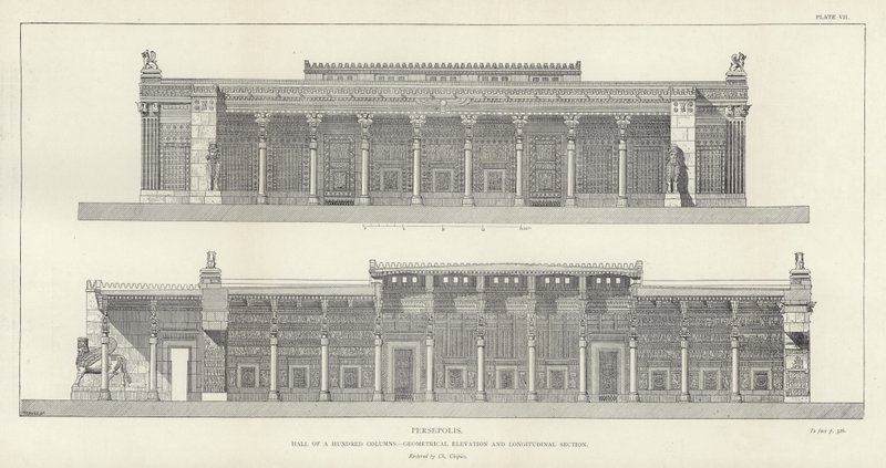 Persepolis, Hall of a Hundred Columns, geometrical elevation and longitudinal section, restored by Ch Chipiez by French School