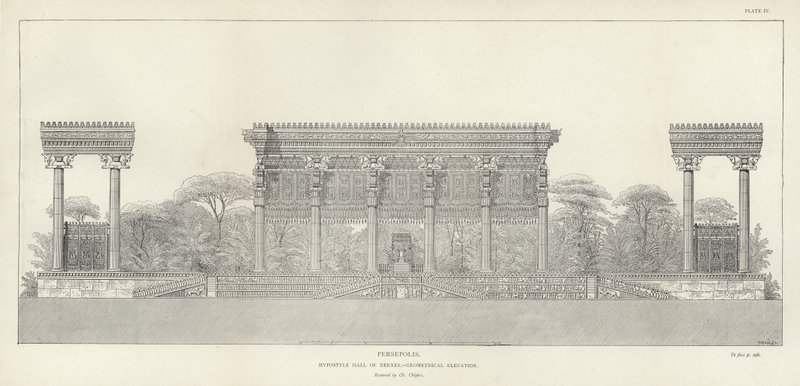 Persepolis, Hypostyle Hall of Xerxes, geometrical elevation, restored by Ch Chipiez by French School