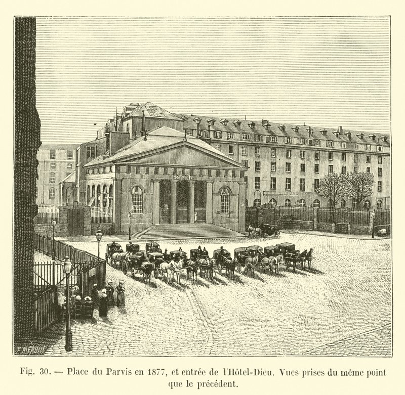 Place du Parvis in 1877, and entrance of the Hotel-Dieu, Views taken from the same point as the previous one by French School