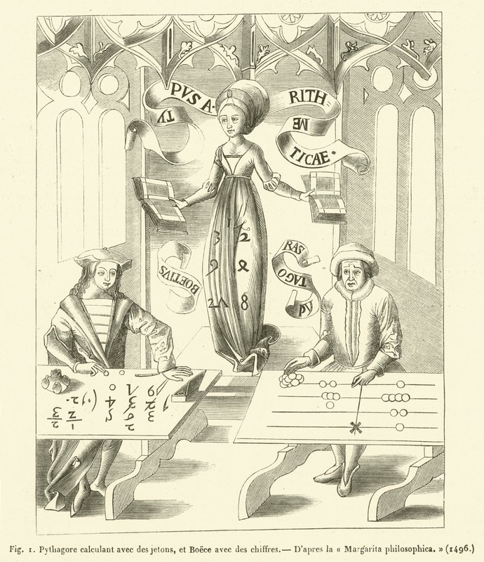 Pythagoras Calculating with Counters, and Boethius with Numbers (engraving) by French School