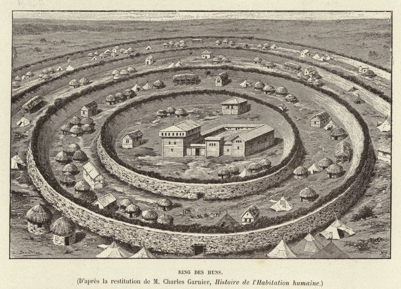 Ring of the Huns. Ring shaped fortifications protecting a settlement of the Huns by French School