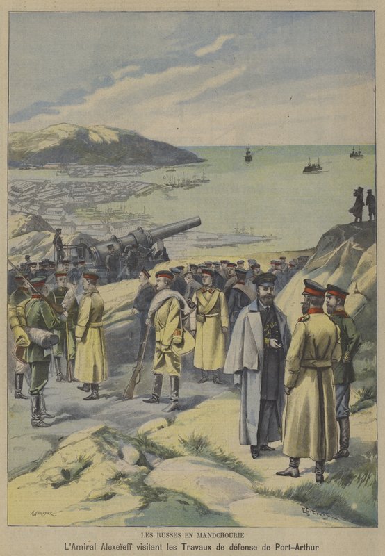 Russian Admiral Yevgeni Alekseyev visiting defences under construction at Port Arthur, Manchuria, on the eve of the Russo-Japanese War by French School