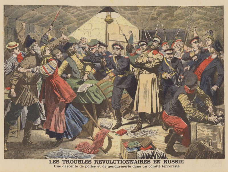 Russian police breaking up a revolutionary meeting by French School