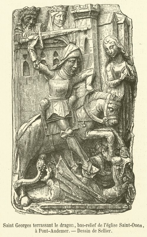Saint George slaying the dragon, bas-relief from the church of Saint-Ouen, in Pont-Audemer (engraving) by French School