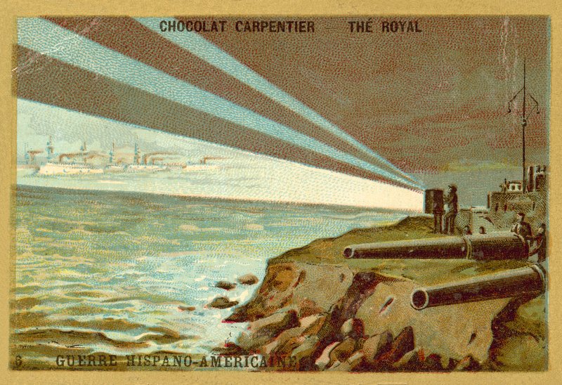 Searchlights from a shore battery illuminating a fleet of warships, Spanish-American War by French School