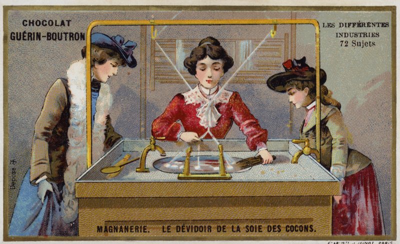 Silk manufacturing. Spinning the fibres onto a reel by French School