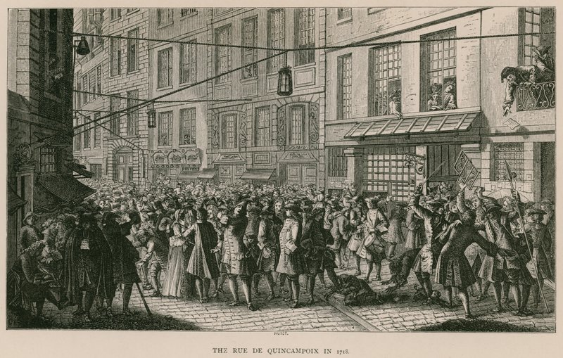 The Rue de Quincampoix in 1718 by French School