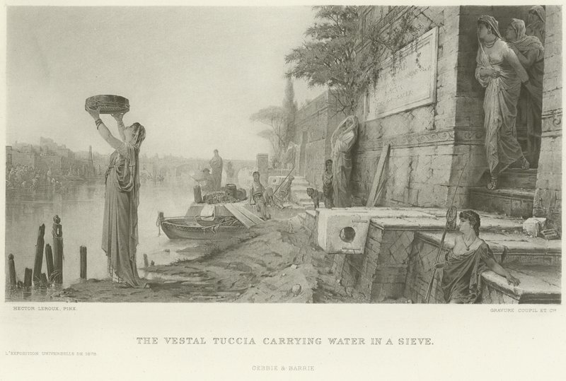 The Vestal Tuccia carrying water in a sieve (engraving) by French School