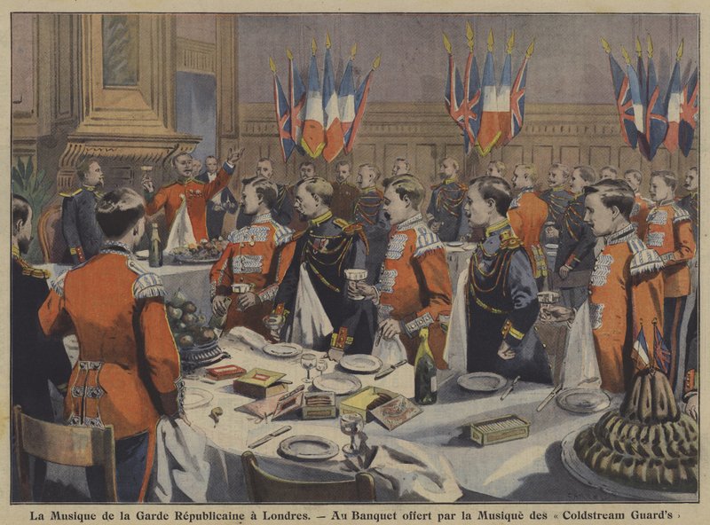 The band of the French Republican Guard attending a banquet hosted by the band of the Coldstream Guards in London by French School
