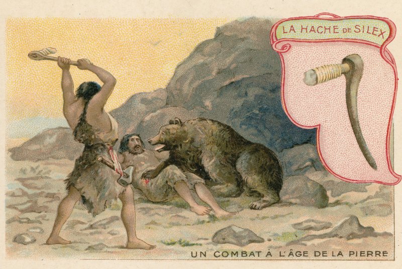 Trade card with an image of a flint axe by French School