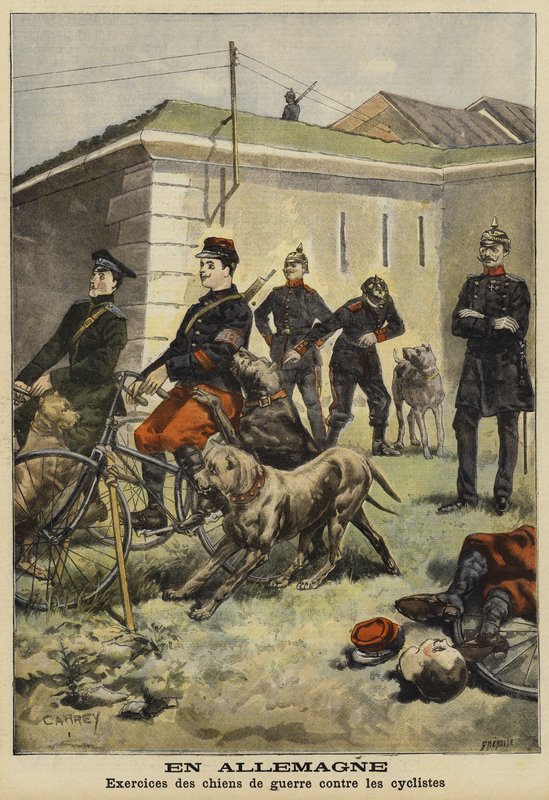 Training army dogs to attack cyclists, Germany by French School