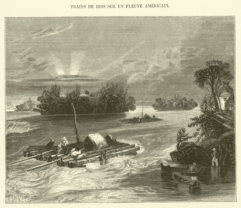 Timber Rafts on an American River (engraving) by French School