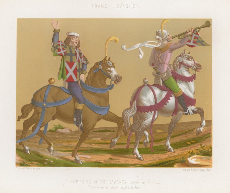Trumpeter and the King of Arms calling for the start of the tournament by French School