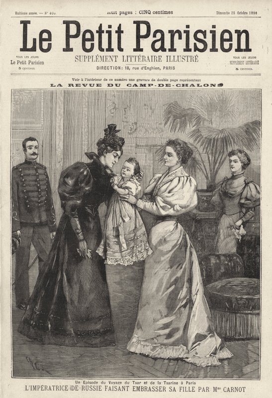 Tsarina Alexandra of Russia inviting the widow of French President Sadi Carnot to kiss her daughter, Grand Duchess Olga, during the Russian Imperial Family