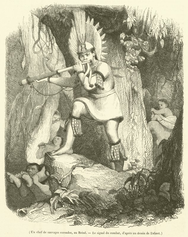 A Chief of the Coroados Savages in Brazil, The Signal of Combat (engraving) by French School