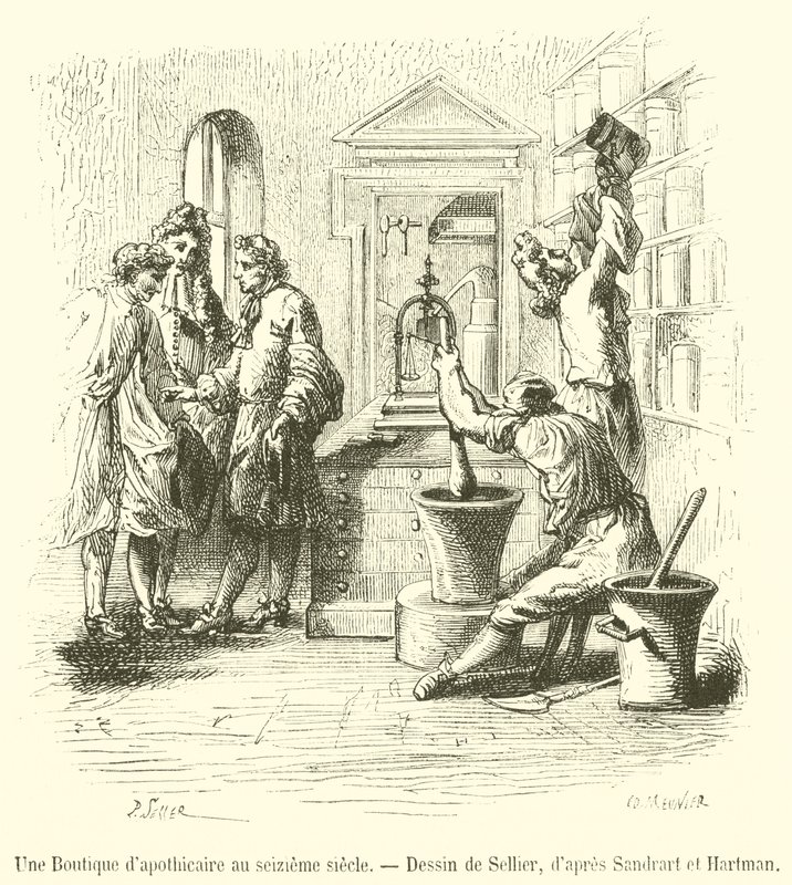 An Apothecary Shop in the 16th Century (engraving) by French School