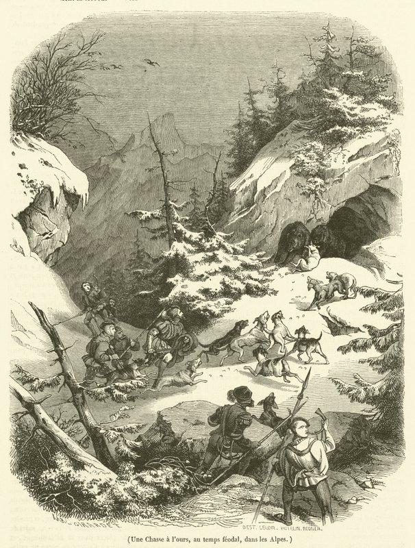 A Bear Hunt in Feudal Times in the Alps (engraving) by French School