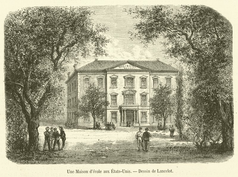 A Schoolhouse in the United States (engraving) by French School