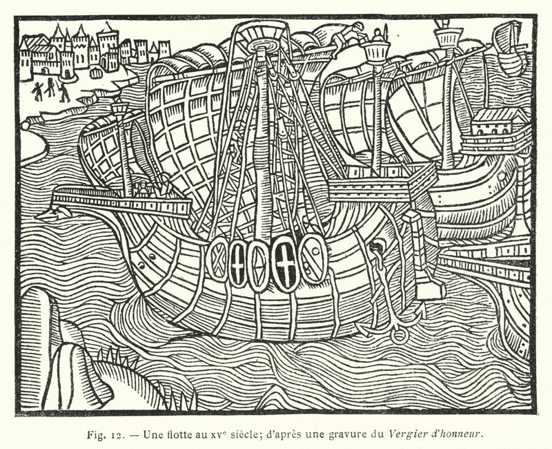 A fleet in the 15th century; after an engraving from the Vergier of Honor by French School