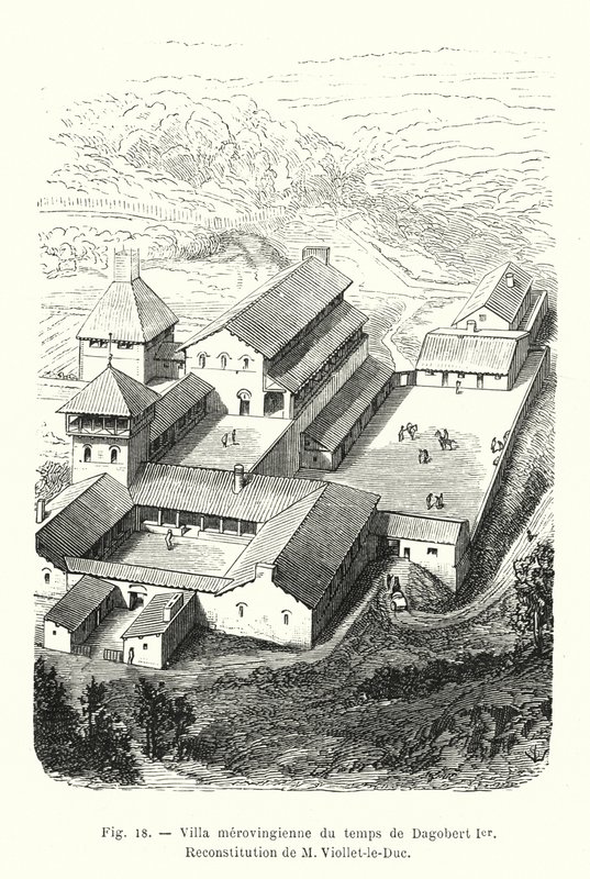 Merovingian villa from the time of Dagobert I, Reconstruction by Viollet-le-Duc by French School