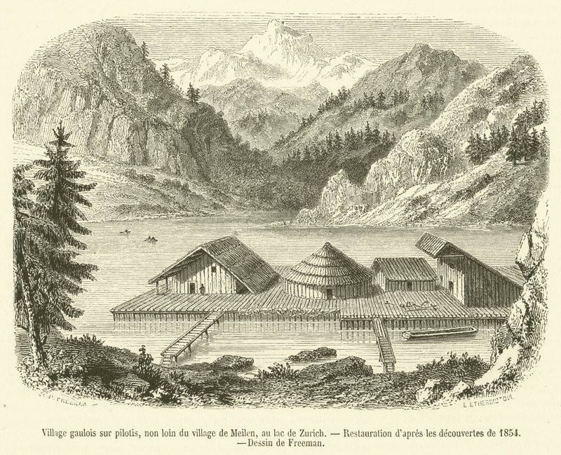 Gaulish Village on Stilts, Near the Village of Meilen, on Lake Zurich (engraving) by French School